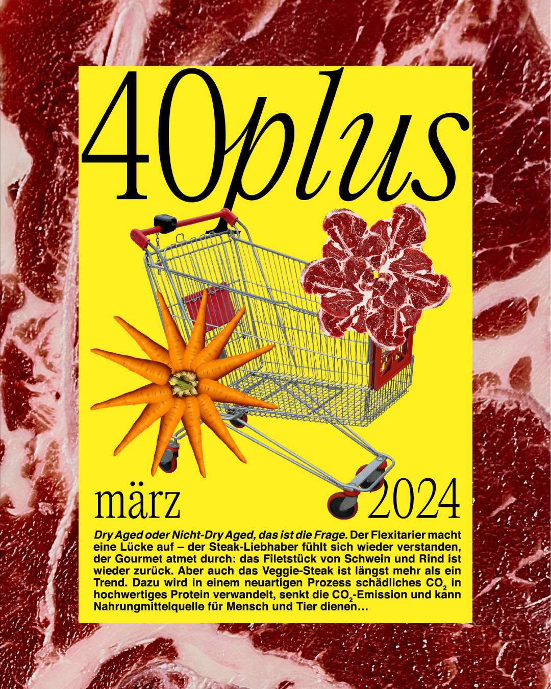 Modernes gelbes Magazincover mit dem Titel 40plus und einer kunstvollen Collage