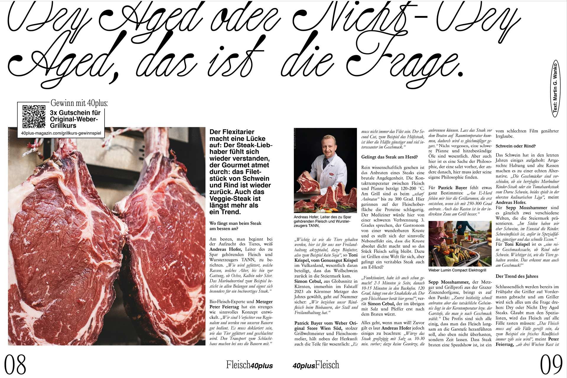 Abbildung eines Doppelseitigen Magazinlayouts mit Teyt über Dry aged Fleisch