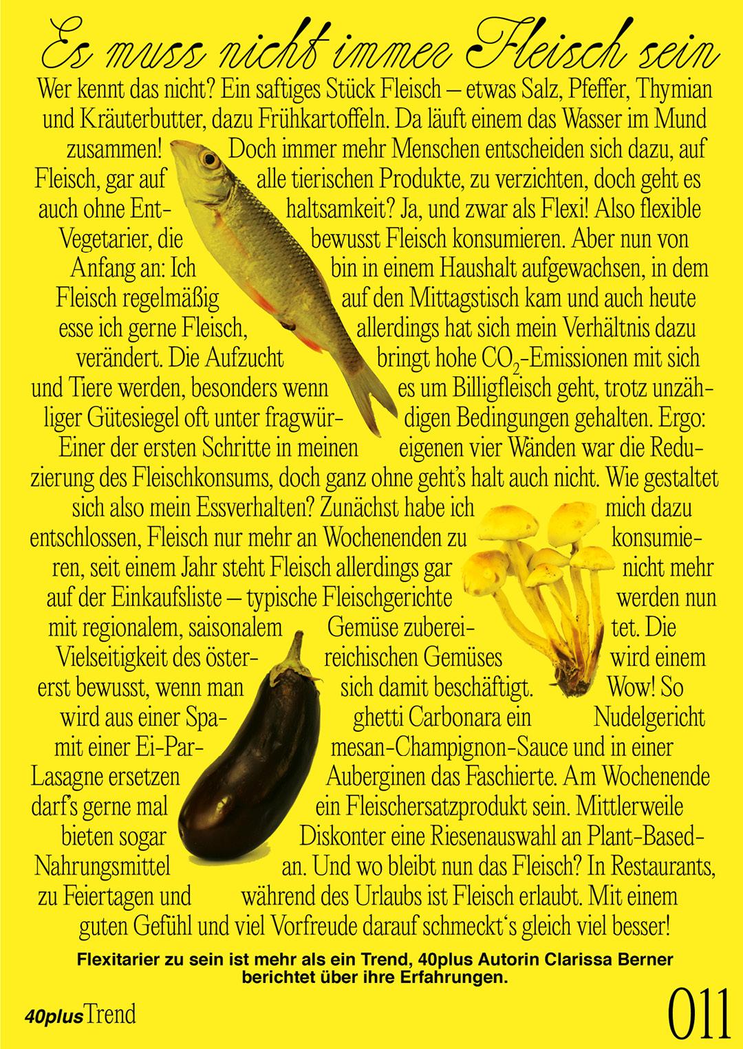 Gelbe Magazinseite, Text umfließt Bilder